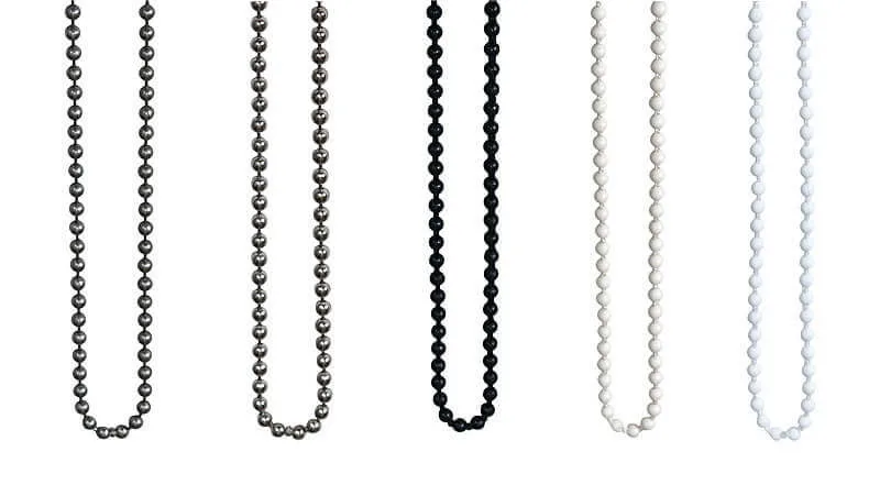 Five strands of pearls in varying shades from dark to light against a white background.