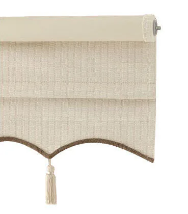 A stylish Roman blind featuring a white and brown design, complemented by decorative tassels for added charm.