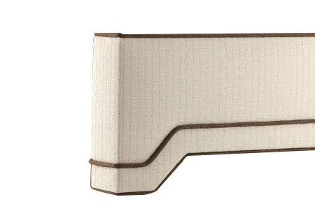 Beige upholstered headboard with a curved outline and dark trim against a white background.