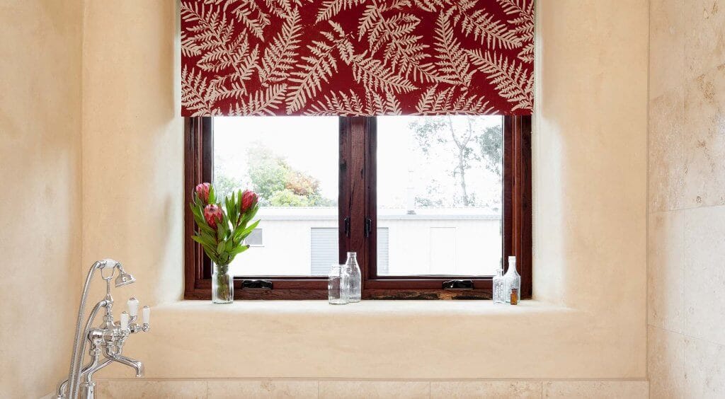 A bright window with a red fern-patterned valance, flanked by plants and toiletries on the sill.